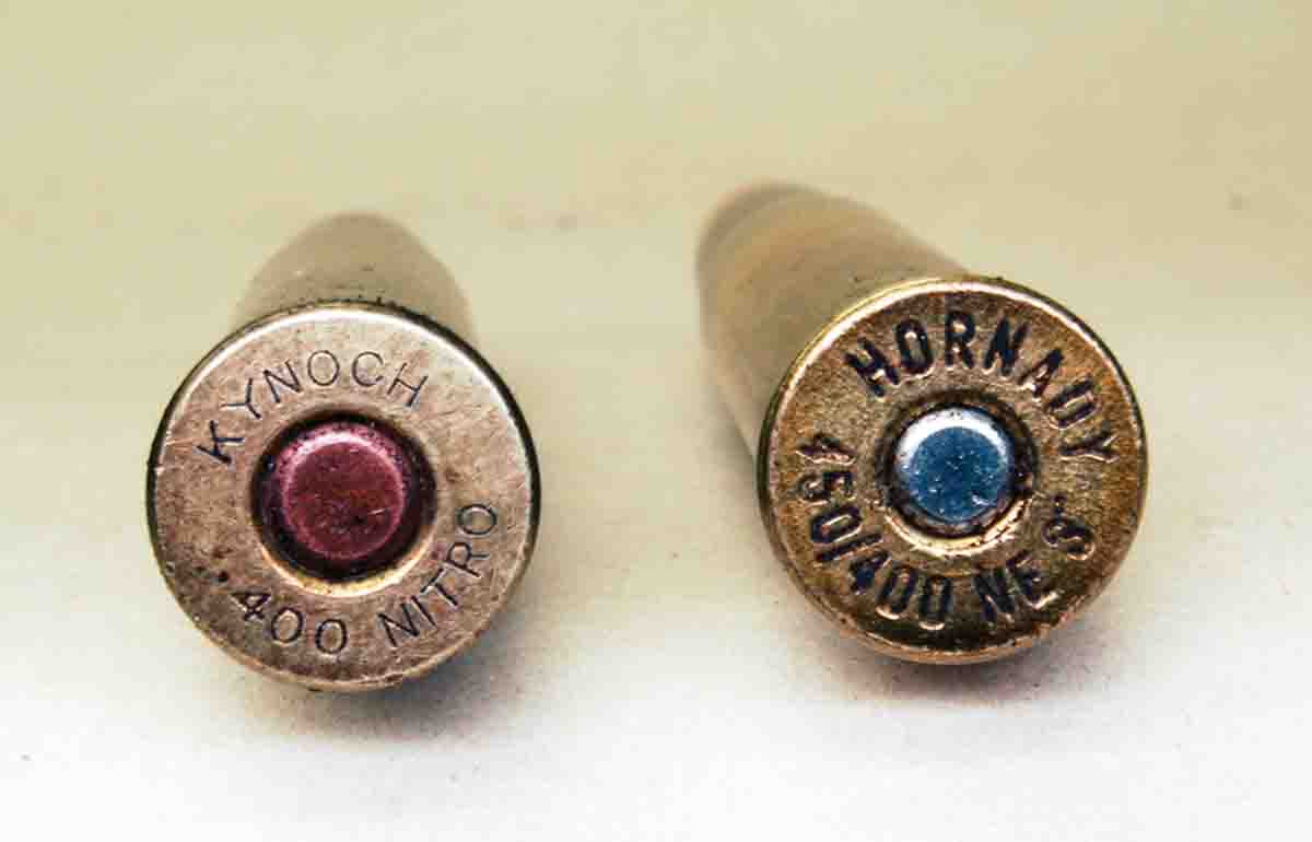 The headstamp of an old Kynoch load (left) and a new Hornady .450/.400 3-inch.